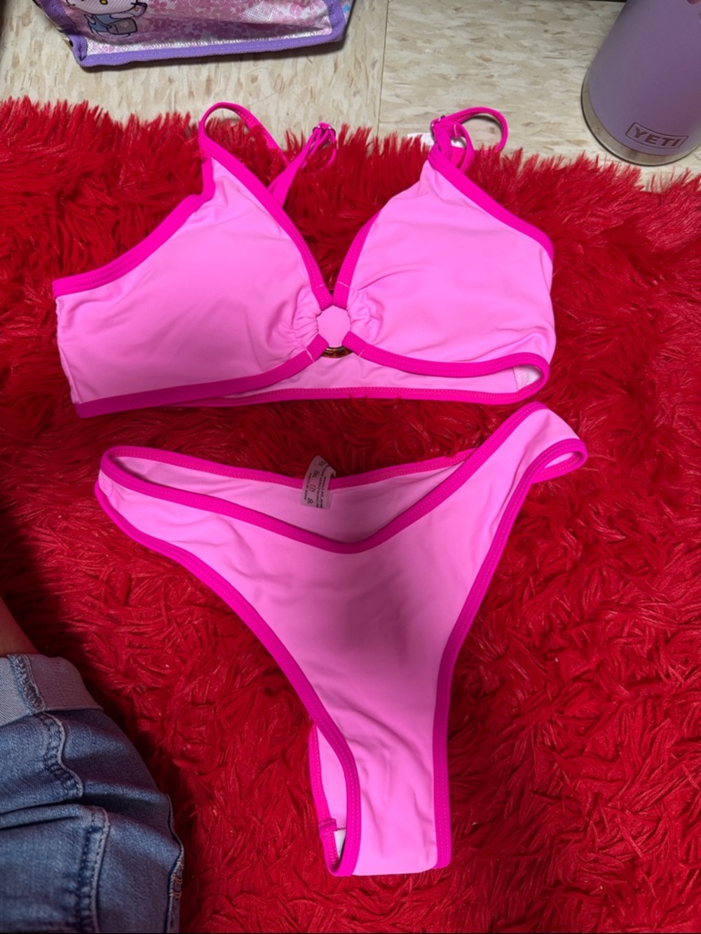 SHEIN Neon Pink Two-Piece Bikini Set with Hot Pink Trim
